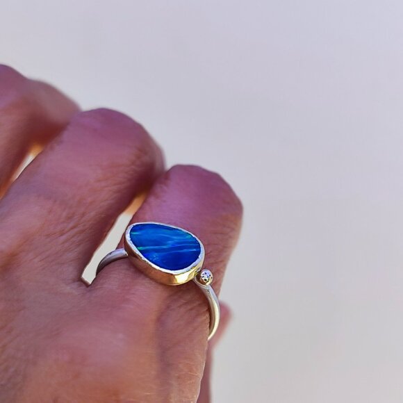 14K solid Yellow gold & Sterling silver ring with Blue Australian Opal. - Picture 12 of 14